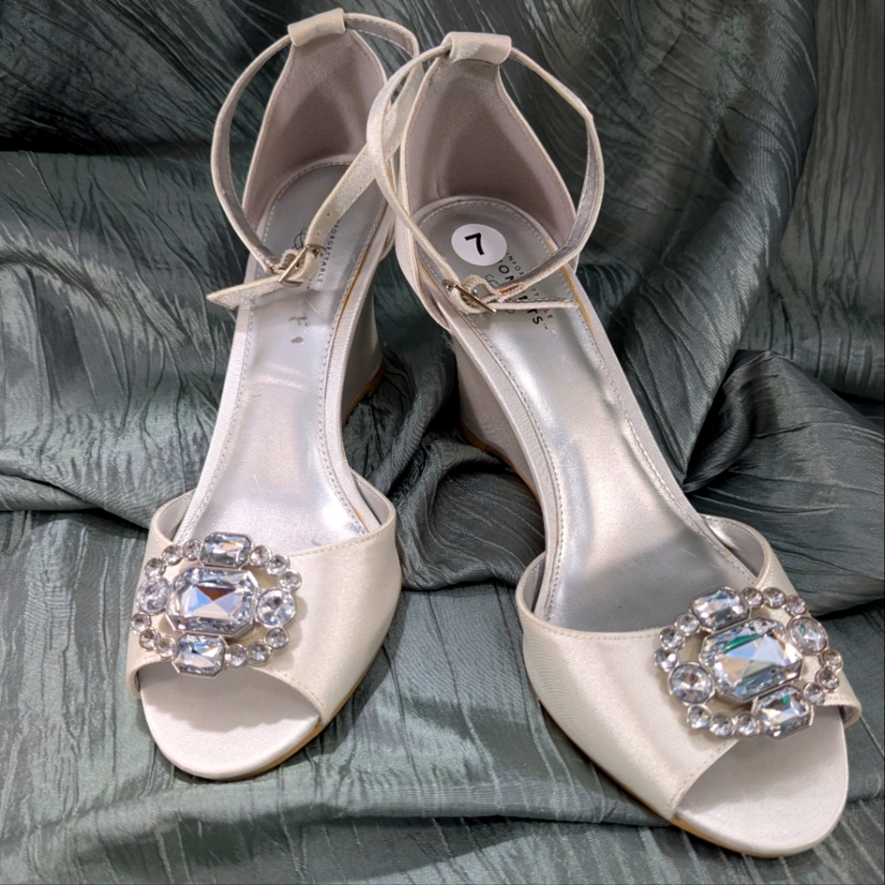 Unforgettable Moments White Satin 3" Wedge Heels with Gemstones, Size 7